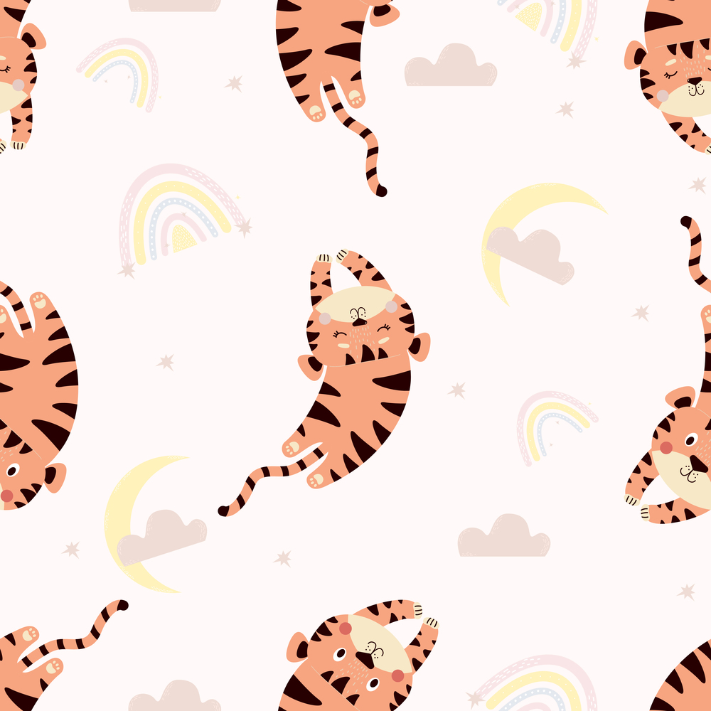 Seamless pattern with cute tigers. Cute sleeping animal on a light background with rainbow, clouds and moon. Vector. Kids collection in the Scandinavian style