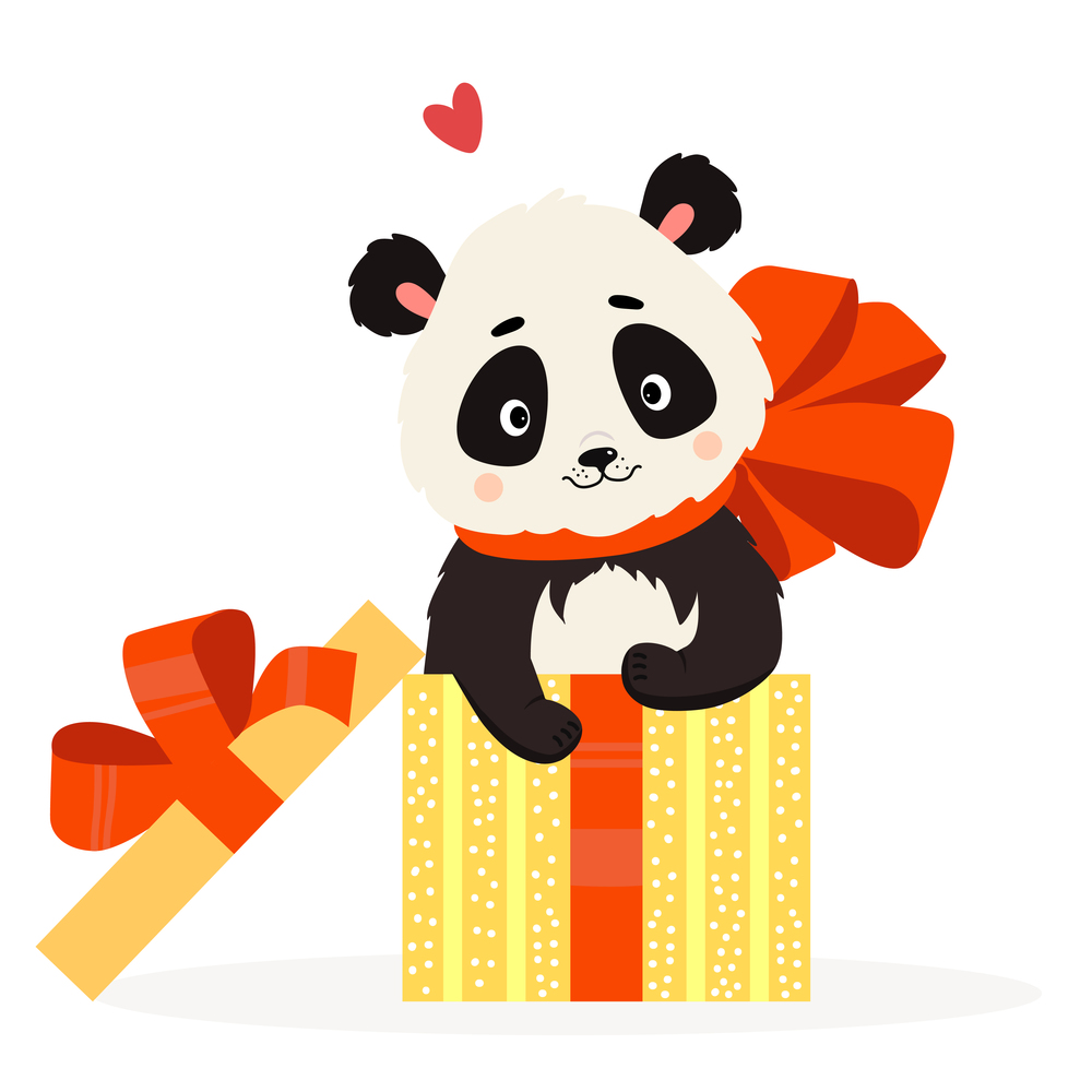 Cute panda in gift box with big red bow. Vector illustration. Cute animal for greeting cards, childrens collection, printing, design and decor