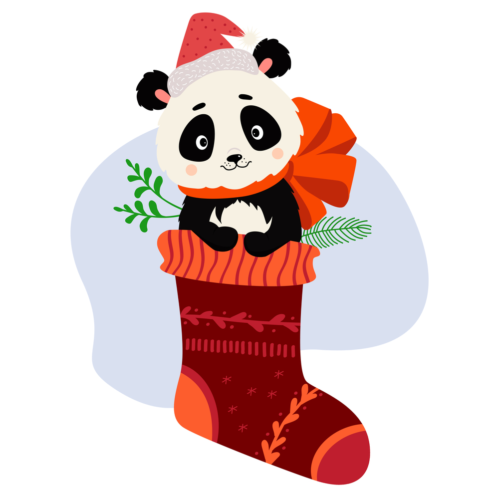 Christmas gift. Christmas sock with cute panda wearing Santa hat and large bow. Vector illustration. For New Years cards, childrens collection, printing and decor