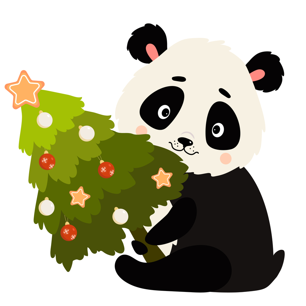 Cute Panda With Christmas Tree With Christmas balls. Vector illustration. beautiful Christmas animal for holiday decor and postcards