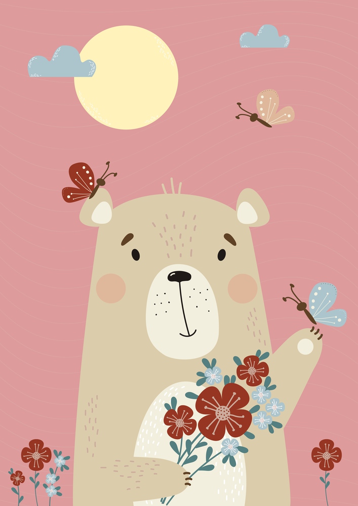 Cute bear with bouquet of flowers and butterflies on pink background with sun and clouds. Vector illustration. For design, print, room decor, nursery, postcards, kids collection