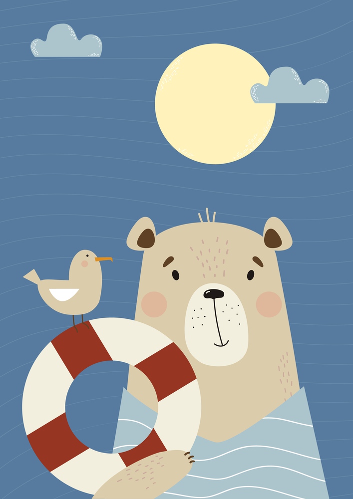 Cute bear sailor with seagull and life buoy. Vector illustration. vertical poster animal for kids collection, postcards, design, print, decoration, bedroom, nursery and Childrens rooms
