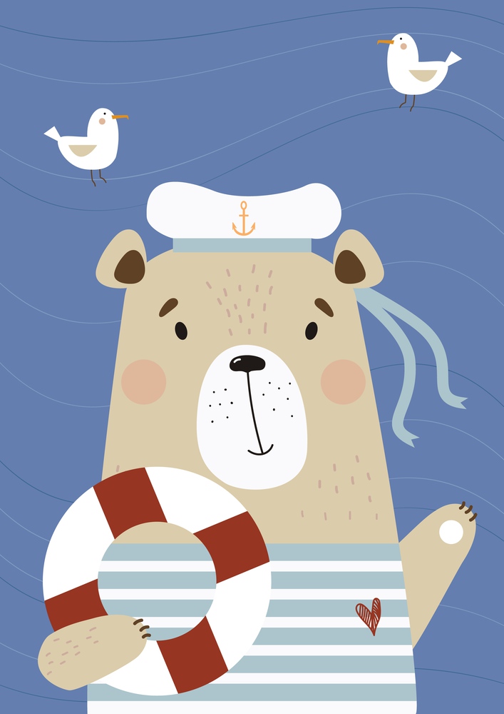Cute bear sailor on sea with seagull and life buoy. Vector illustration. animal poster for kids collection, postcards, design, print, decoration, bedroom, nursery and Childrens rooms