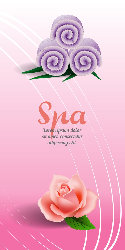 Spa vertical banner design with rose and lilac rolled towel on pink background. Text can be used for leaflets, flyers, brochures, posters