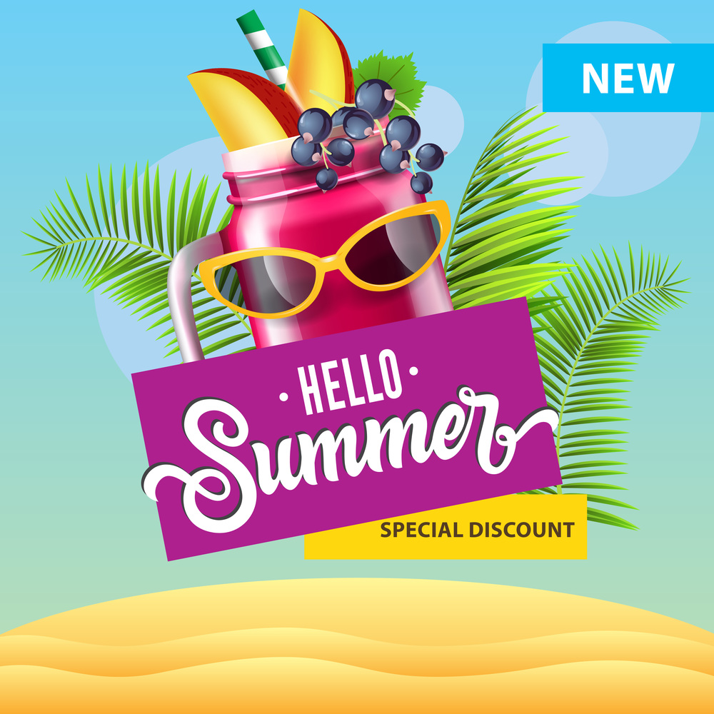 Special discount, hello summer. Seasonal poster design with mug of berry smoothie, sunglasses, tropical leaves and beach. Text can be used for signs, flyers, banners