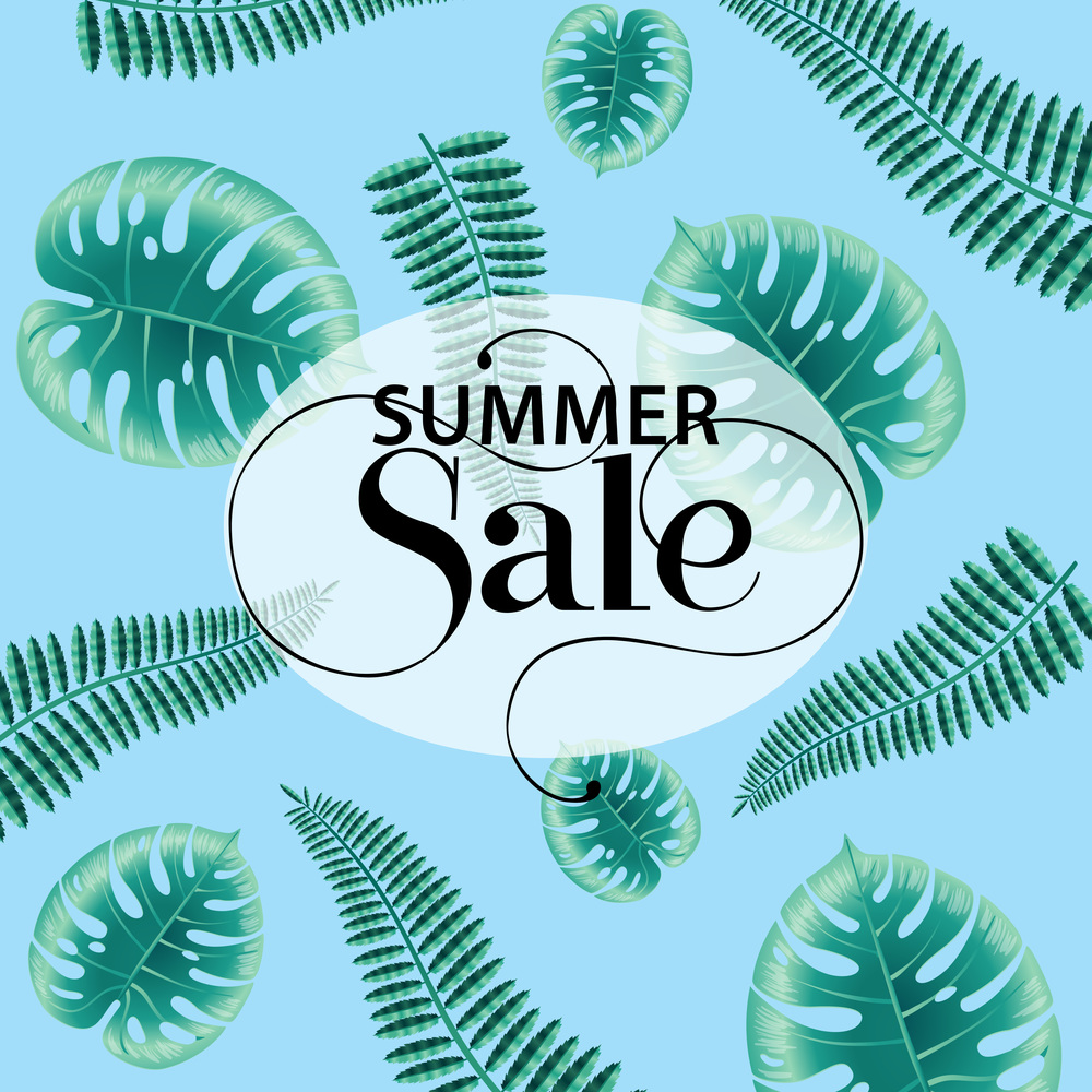 Summer sale, blue poster design with monstera and fern leaves. Text with swirls on transparent oval can be used for signs, labels, flyers, banners