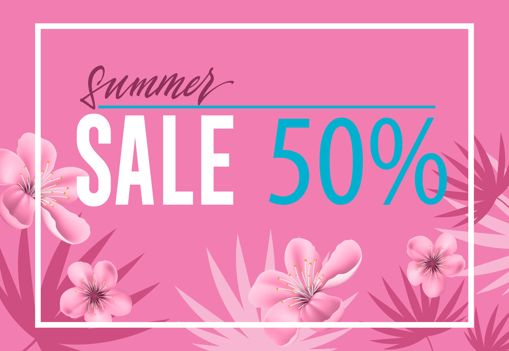 Summer sale, fifty percent brochure design with flowers and leaf shapes on pink background. Text in frame can be used for banners, coupons, flyers, posters