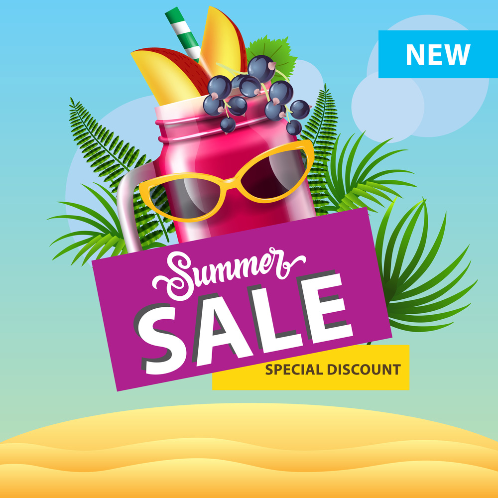 Summer sale, new special discount poster design with mug of berry smoothie, sunglasses, palm leaves and sand dunes. Text can be used for signs, labels, flyers, banners