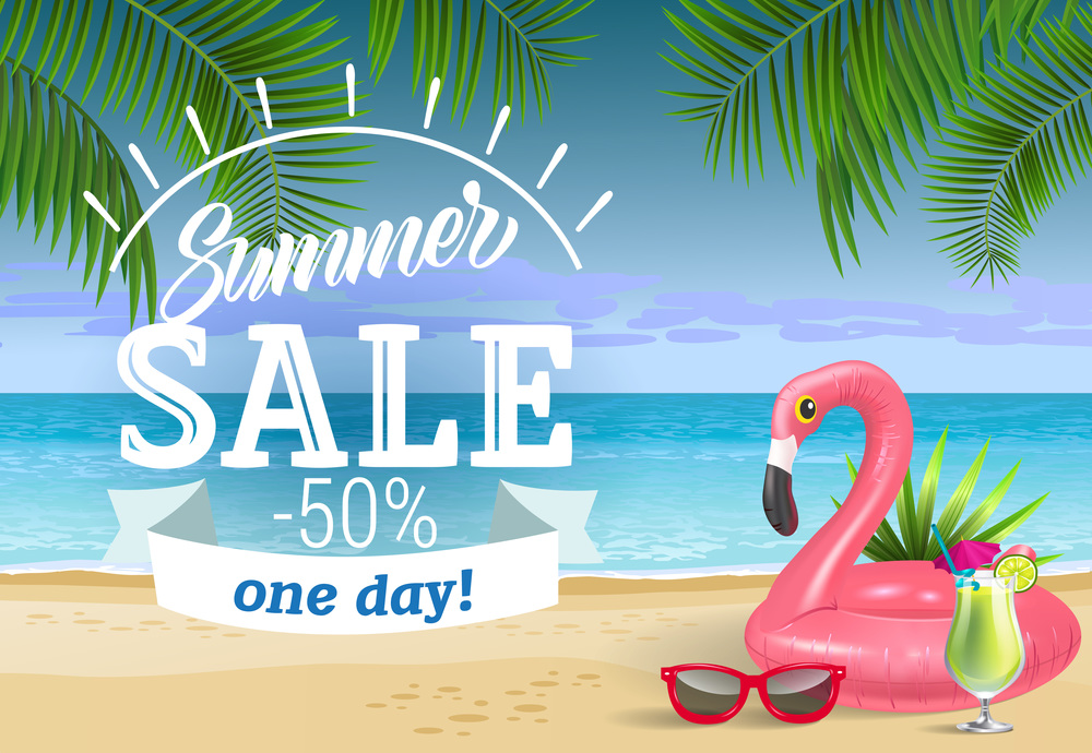 Summer sale, one day lettering with sea beach and swimming ring. Sale advertising design. Handwritten and typed text, calligraphy. For leaflets, brochures, invitations, posters or banners.