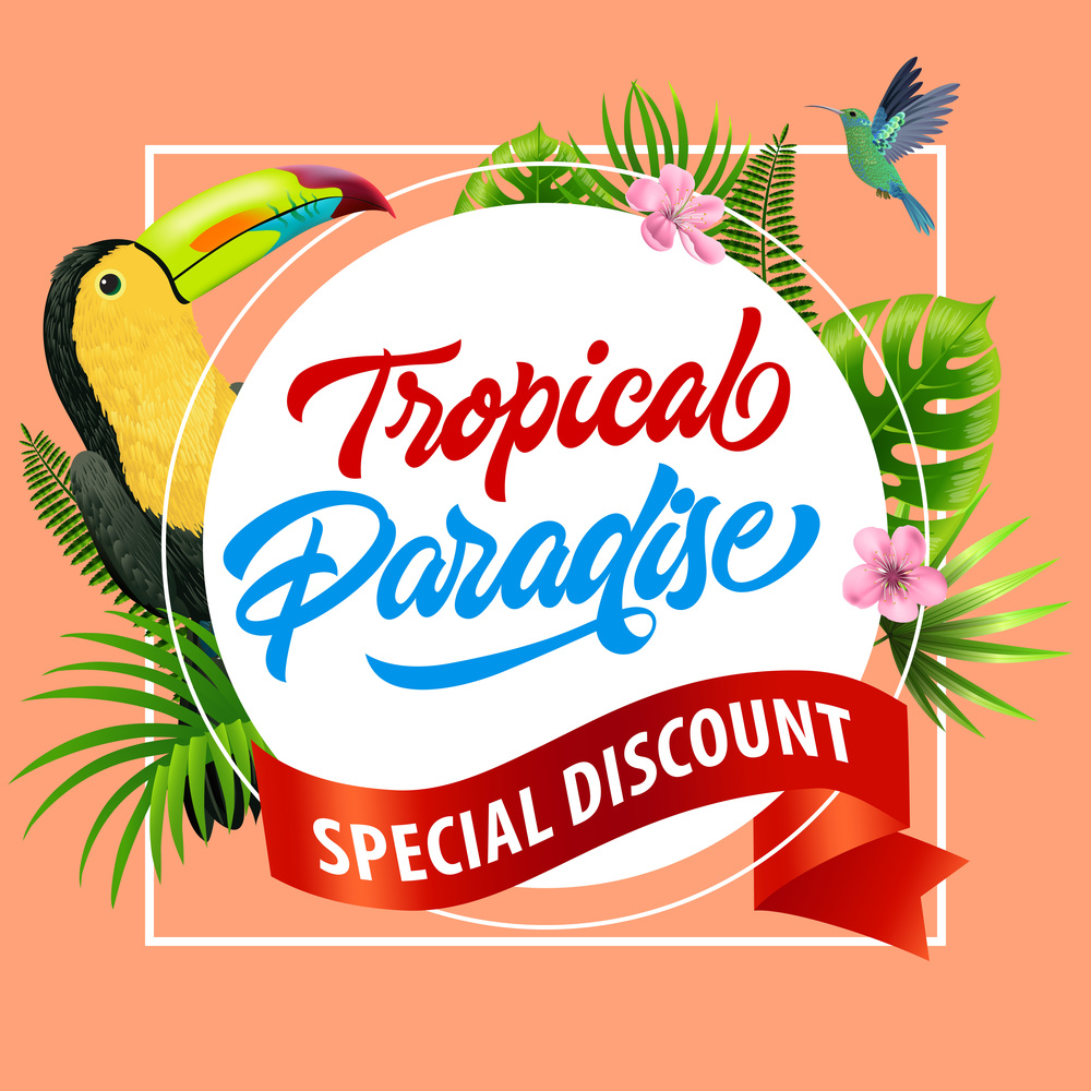 Tropical paradise, special discount flyer design with pink blossoms, red ribbon, leaves and tropical birds on coral background. Text on white circle can be used for signs, labels, posters