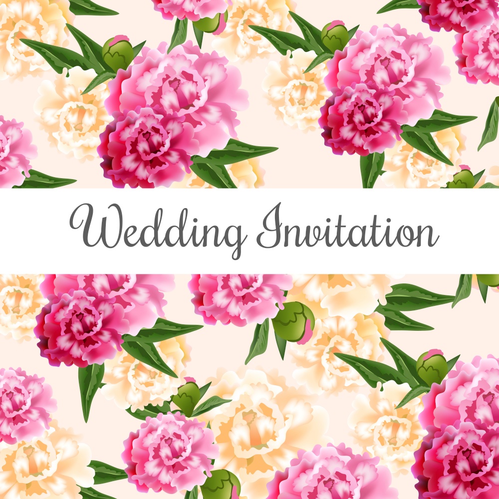 Wedding invitation card design with pink and white peonies in background. Text on white rectangular shape can be used for invitations, postcards, save the date templates
