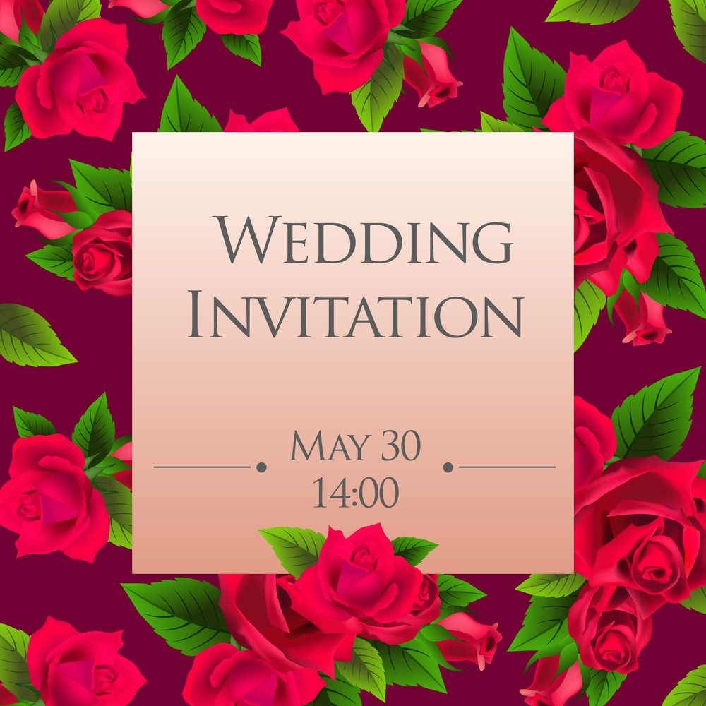 Wedding invitation card template with red roses on violet background. Text on square shape can be used for invitations, postcards, save the date templates