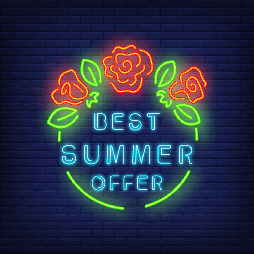 Best Summer Offer sign in neon style. Vector illustration with blue text in green round frame and red flowers. Template for night bright banners, billboards, signboards