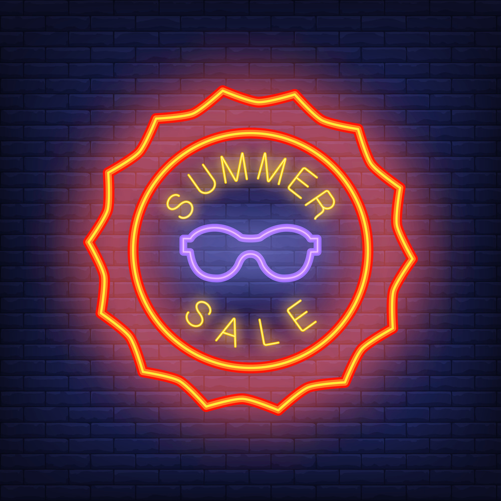 Summer sale lettering in neon style. Vector illustration with glowing text in sun shaped orange frame and violet sunglasses. Template for night bright banners, billboards, signboards