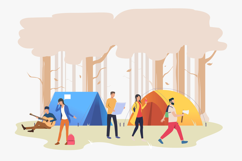 Friends resting at campsite in wood vector illustration. Vacation, hiking, recreation. Tourism concept. Design for website templates, posters, banners