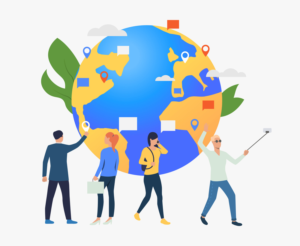 Globe and people using gadgets vector illustration. Connection, networking, globalization. Global communication concept. Design for website templates, posters, banners