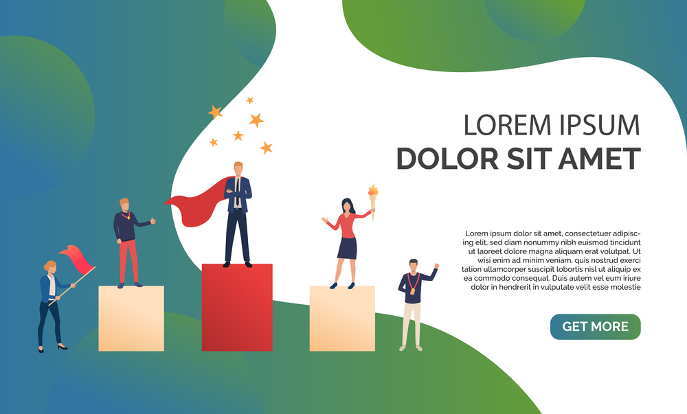 Green business presentation illustration. People standing on podium, people supporting them. Business result concept.Vector illustration can be used for topics like presentation, business, competition. Green business presentation illustration