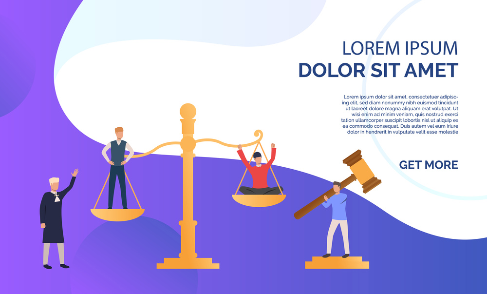 Judgement of people presentation illustration.People standing on scales, federal judge watching on them. Law concept. Vector illustration can be used for topics like presentation, sociality, law court. Judgement of people presentation  illustration
