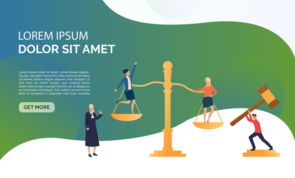 Judgement service presentation illustration. Girls standing on scales, federal judge watching on them. Law concept. Vector illustration can be used for topics like presentation, sociality, law court. Judgement service presentation illustration