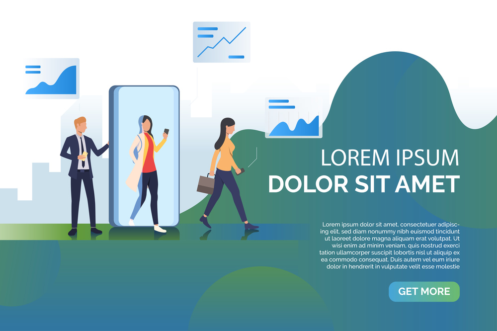Peoples and mobile phone presentation vector illustration. Business, wireless technology, communication. Technology concept. Creative design for layouts, web pages, banners. Peoples and mobile phone presentation vector illustration