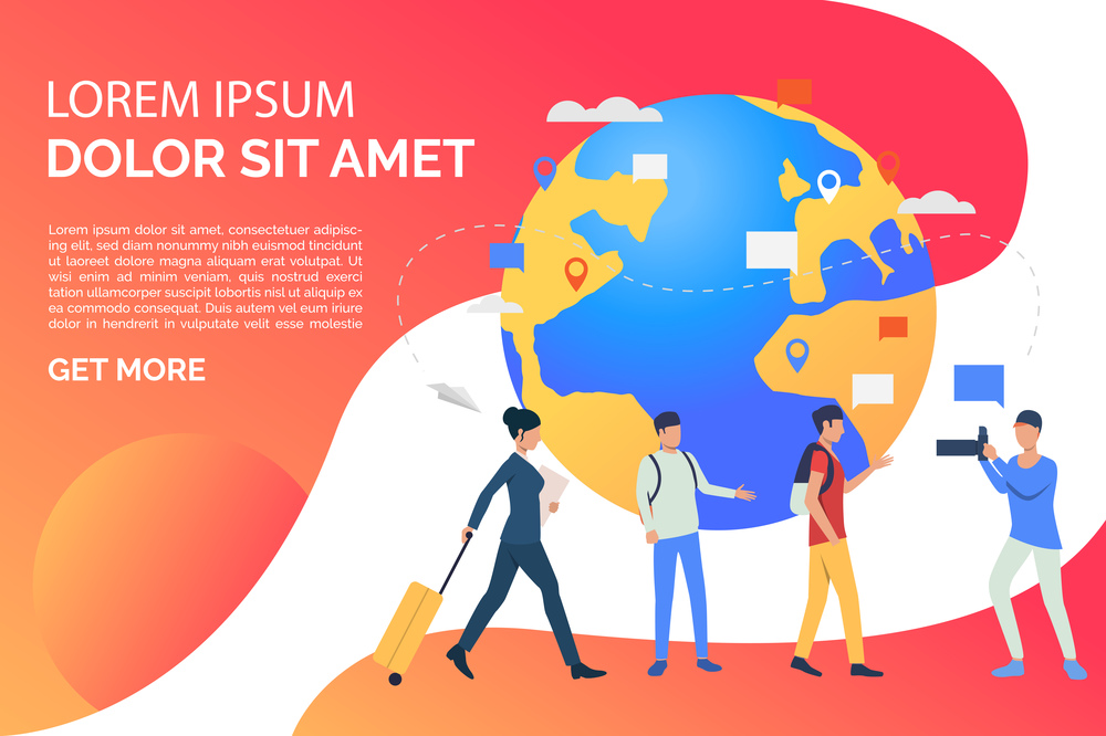 Slide page with globe and travelling people vector illustration. Business travel, tourism, destination. Travel concept. Design for website templates, posters, presentations