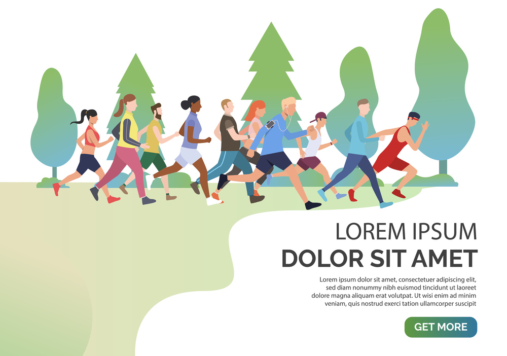 Slide page with people jogging together in park vector illustration. Long distance race, competition, training. Sport concept. Design for website templates, posters, presentations