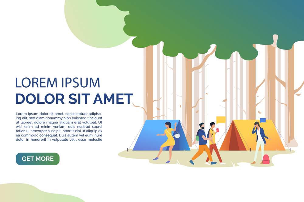 Slide page with tourists communicating at campsite vector illustration. Recreation, camping, weekend. Tourism concept. Design for website templates, posters, presentations