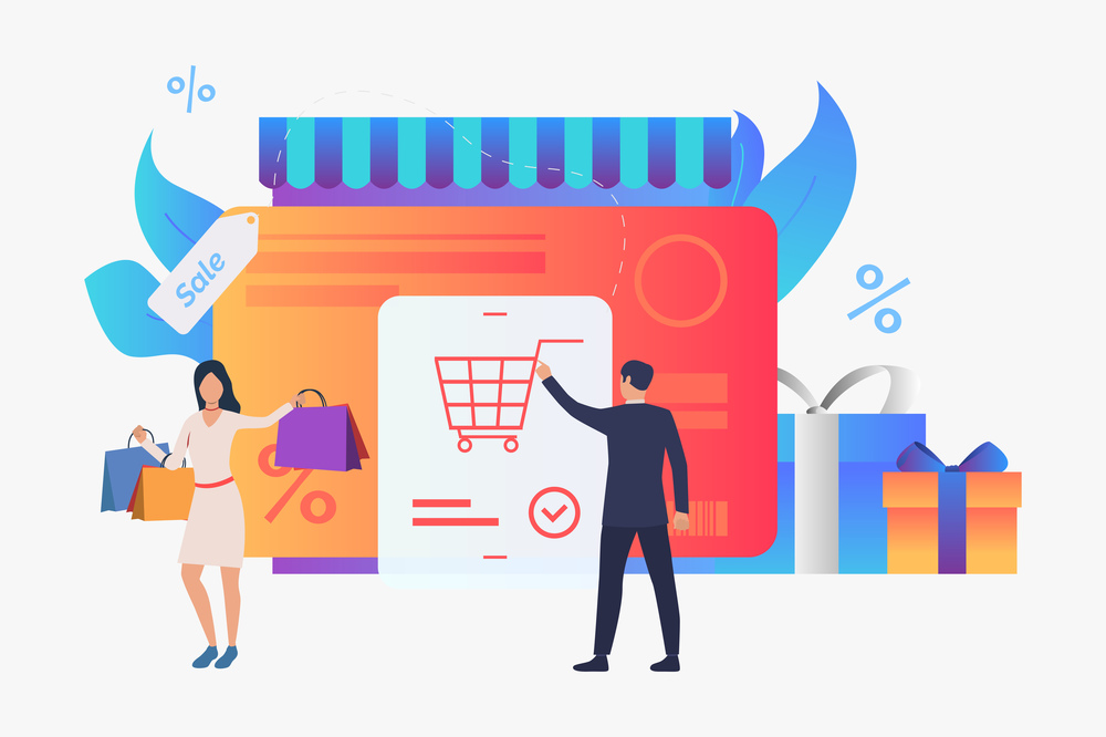 Store with credit card, gift boxes, buyers vector illustration. Purchase, sale, e-commerce. Shopping concept. Creative design for website templates, posters, banners