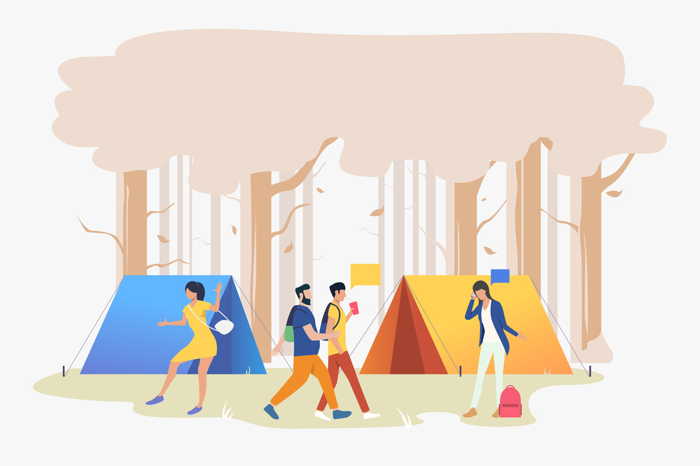 Young people at campsite in wood vector illustration. Picnic, outdoor weekend, festival. Tourism concept. Design for website templates, posters, banners