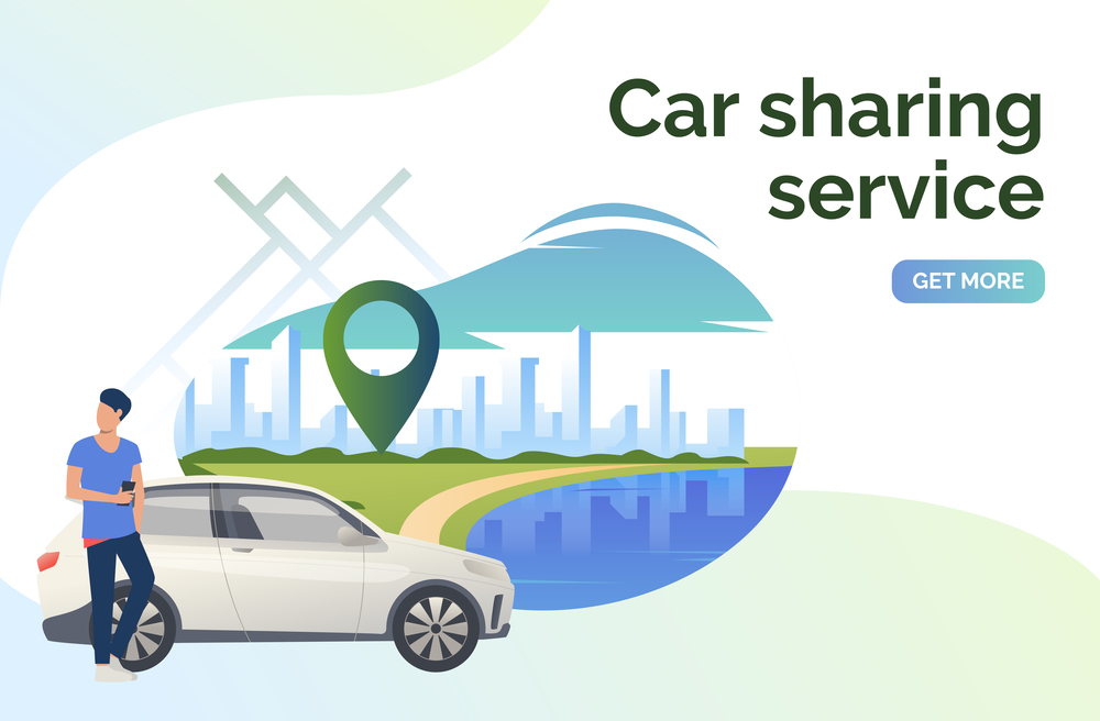 Car sharing service lettering, man, car and cityscape. Transport, vehicle concept. Presentation slide template. Vector illustration can be used for topics like business, navigation, transportation