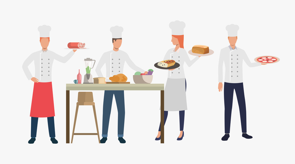 Cooks cooking dishes in restaurant kitchen. Dinner, cuisine, food concept. Vector illustration can be used for topics like catering, culinary, cooking. Cooks cooking dishes in restaurant kitchen