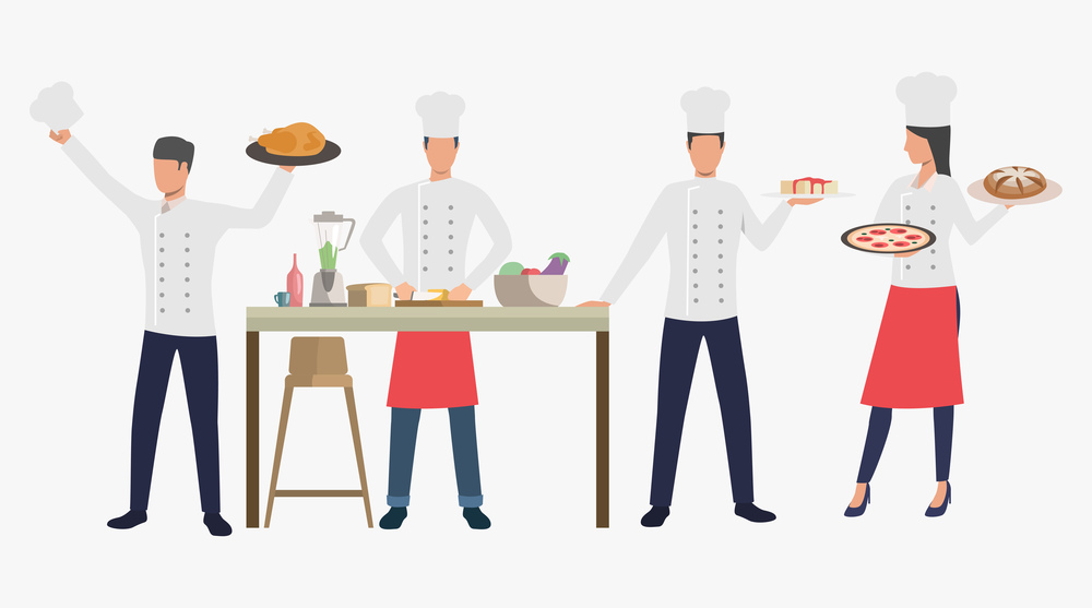Cooks with dishes in restaurant kitchen. Dinner, cuisine, food concept. Vector illustration can be used for topics like catering, culinary, cooking. Cooks with dishes in restaurant kitchen