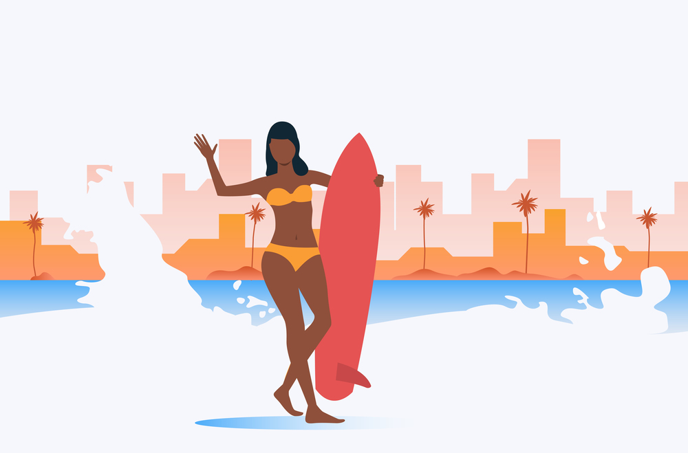 Dark skinned girl holding surfboard and greeting with hand. Seaside, sea, tropical city. Surfing concept. Vector illustration can be used for topics like summer, vacation, activity