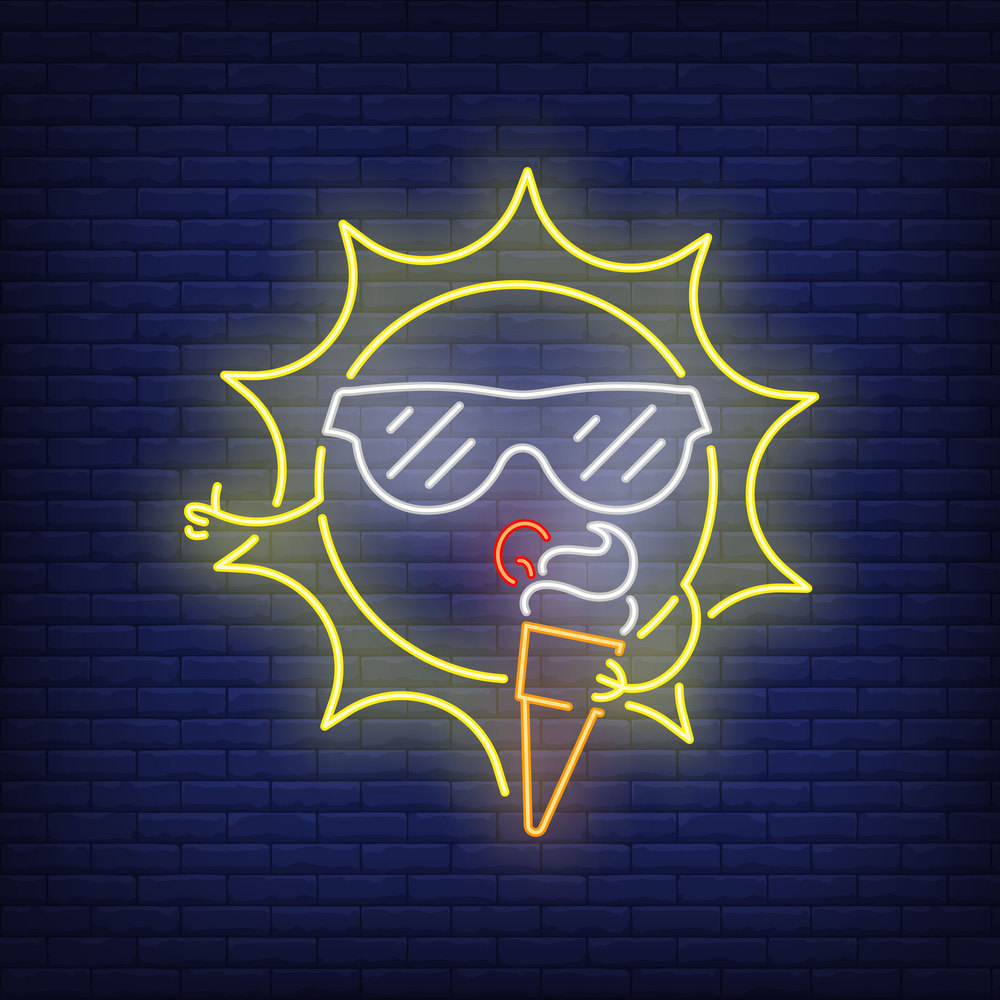 Cartoon sun eating ice cream neon sign. Cute character wearing in sunglasses on brick wall background. Vector illustration in neon style for topics like summer, vacation, heat