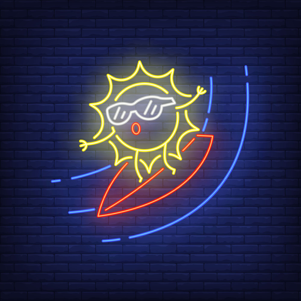 Cartoon sun on surfboard neon sign. Cute character surfing on brick wall background. Vector illustration in neon style for topics like vacation, ocean, sea, sport