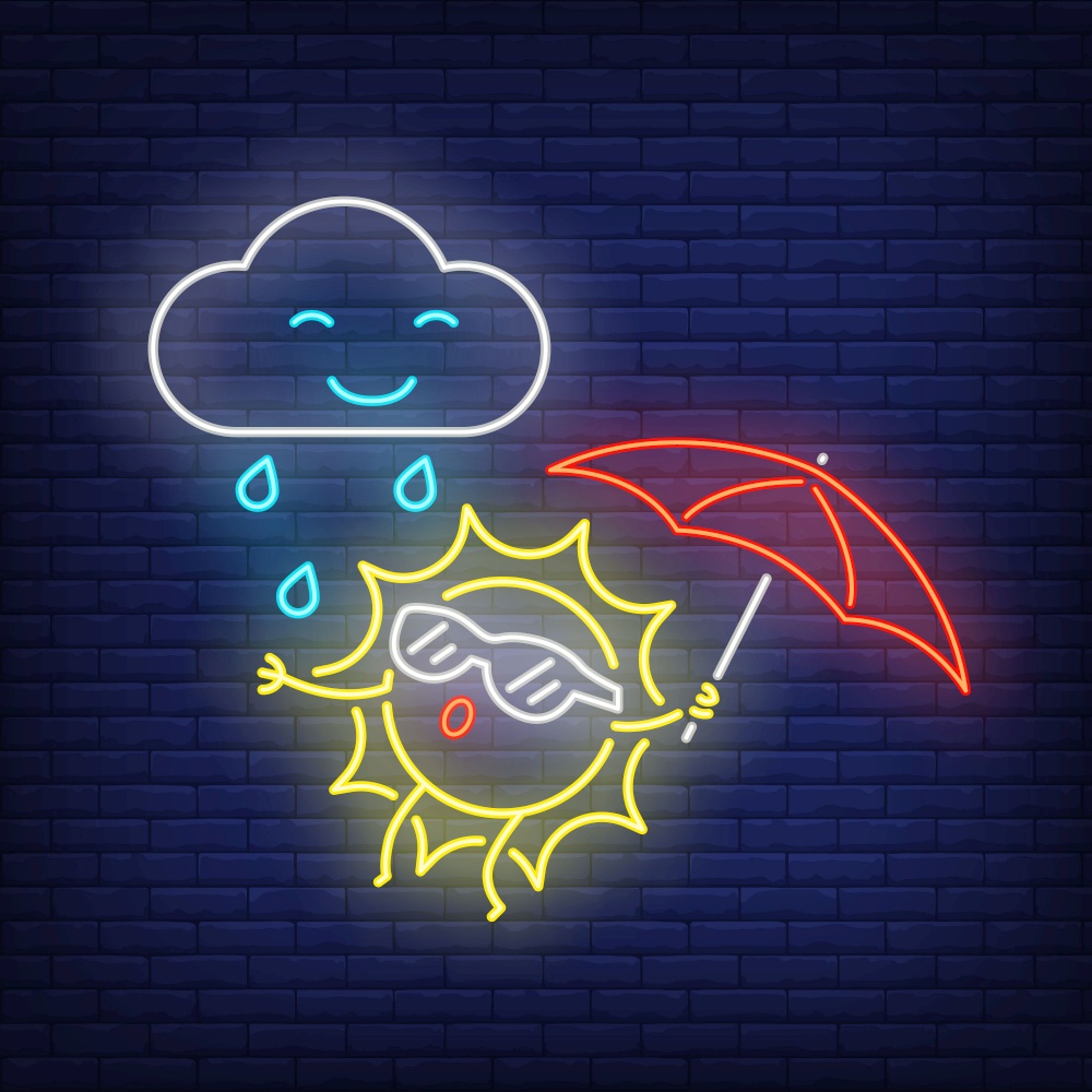 Cartoon sun with umbrella and rain neon sign. Cute character on brick wall background. Vector illustration in neon style for topics like vacation or weather forecast