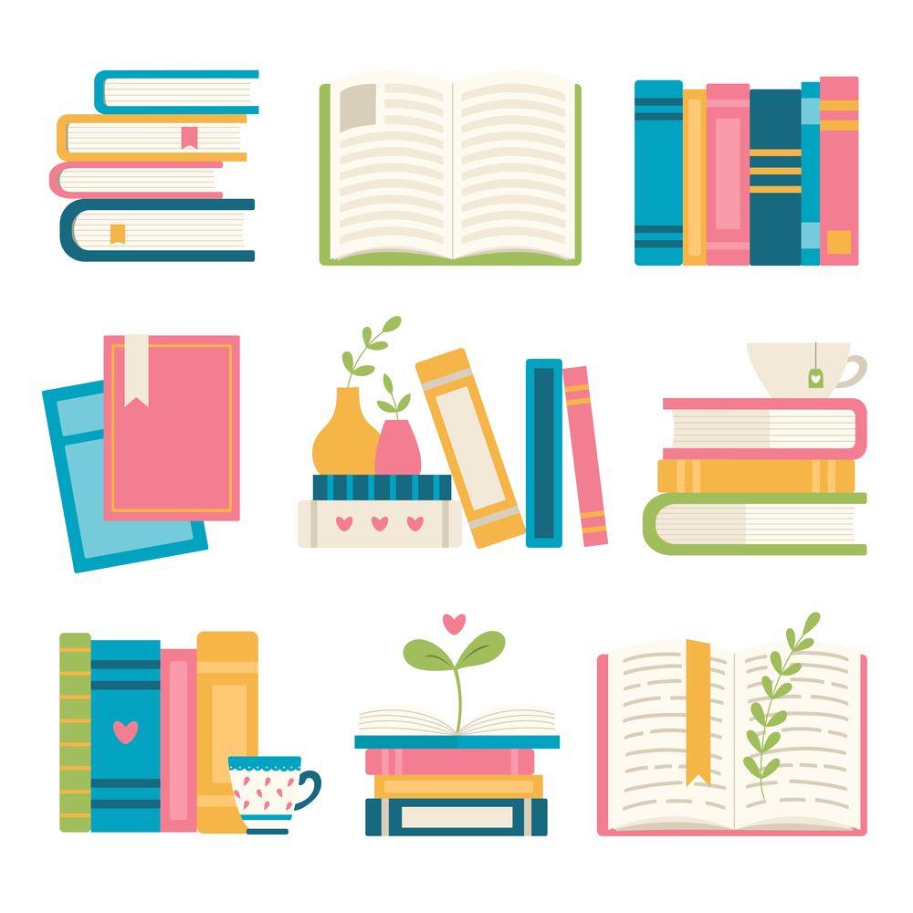 Set of different book objects, vector illustration