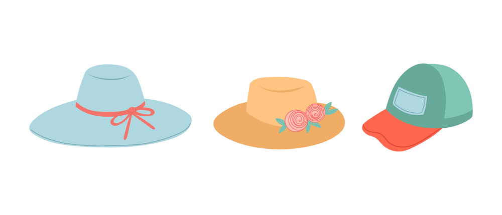 Summer set of hats, flat design, vector illustration