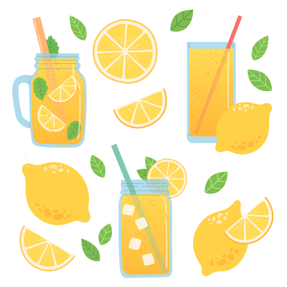 Lemon summer set with lemonade and ice in different glasses, flat design vector illustration
