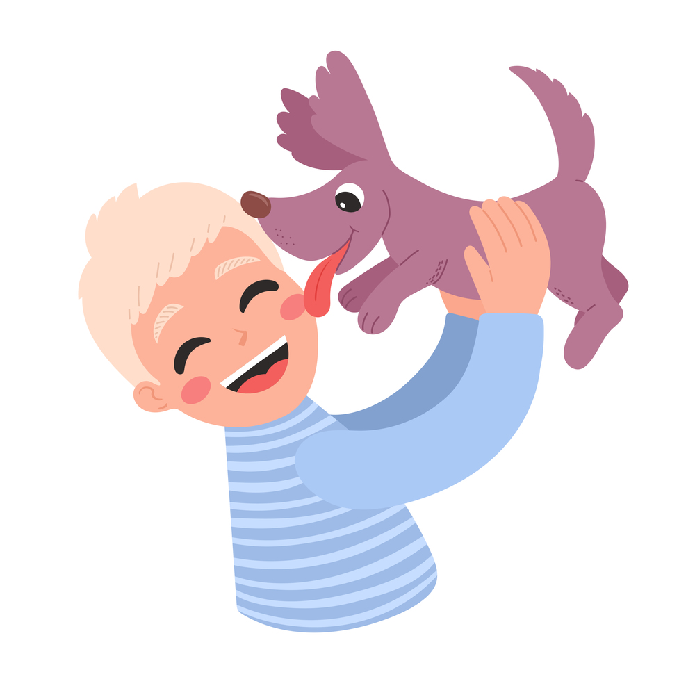 People and pets, happy boy with dog, vector illustration