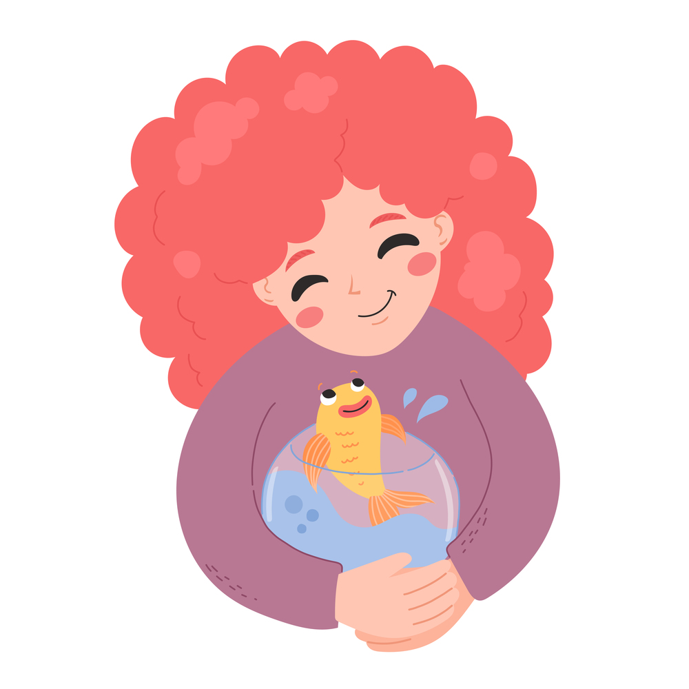 People and pets, cute curled hair girl with gold fish in aquarium, vector illustration