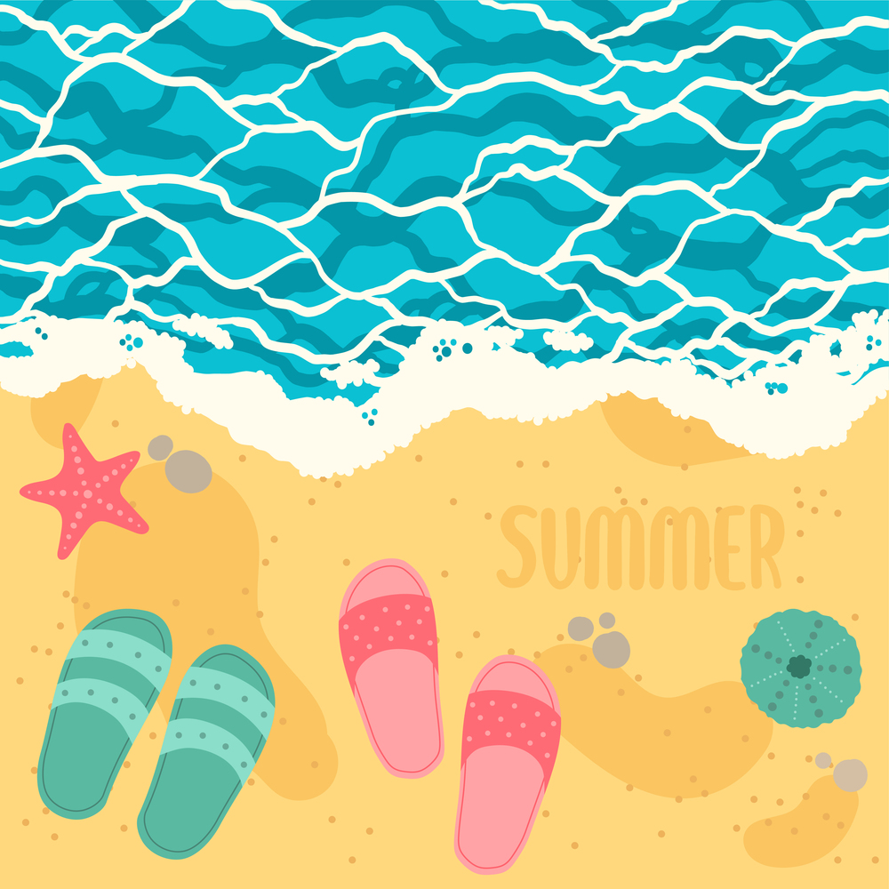 Sand beach and sea waves, view from above, vector illustration with summer elements