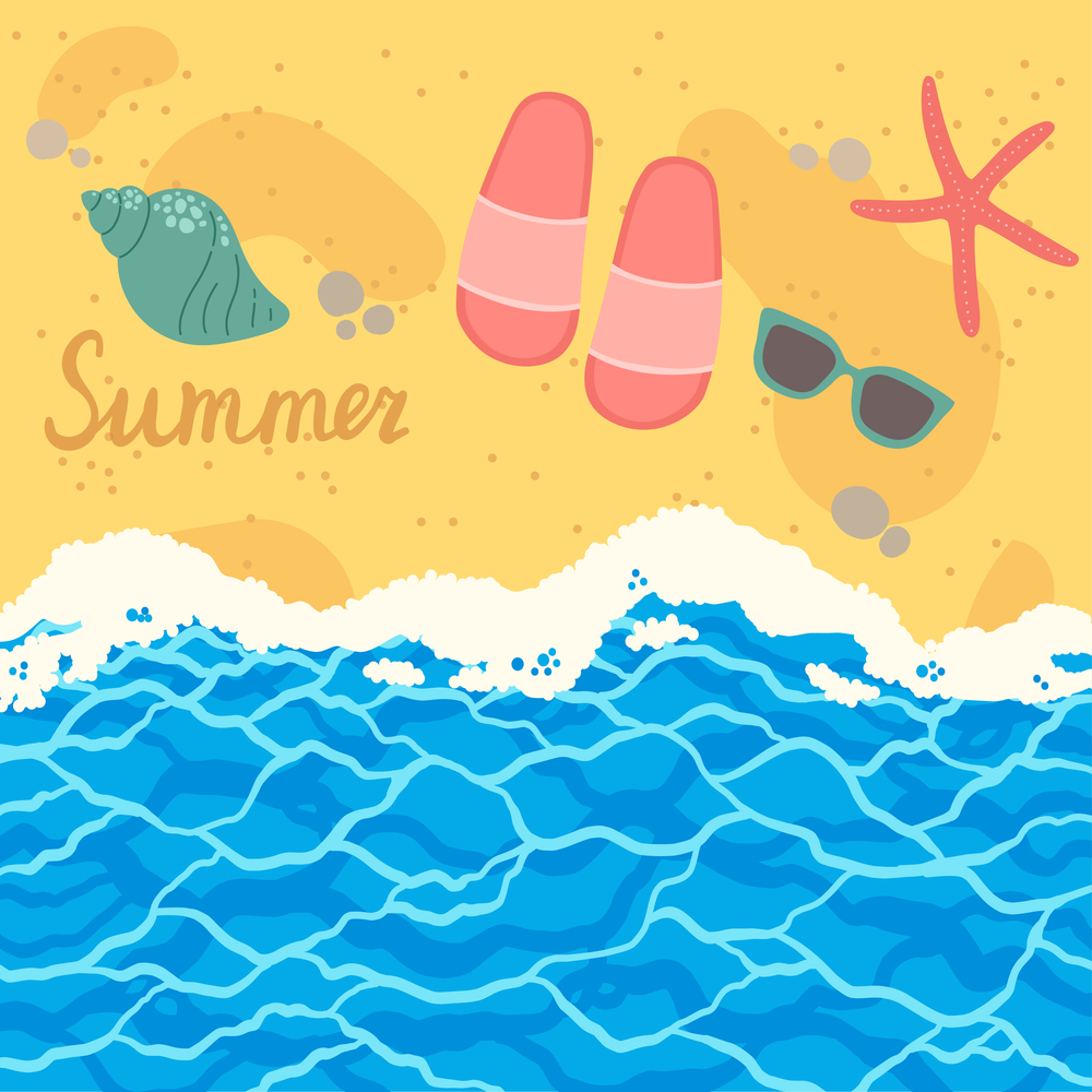 Sand beach and sea waves, view from above, vector illustration with summer elements