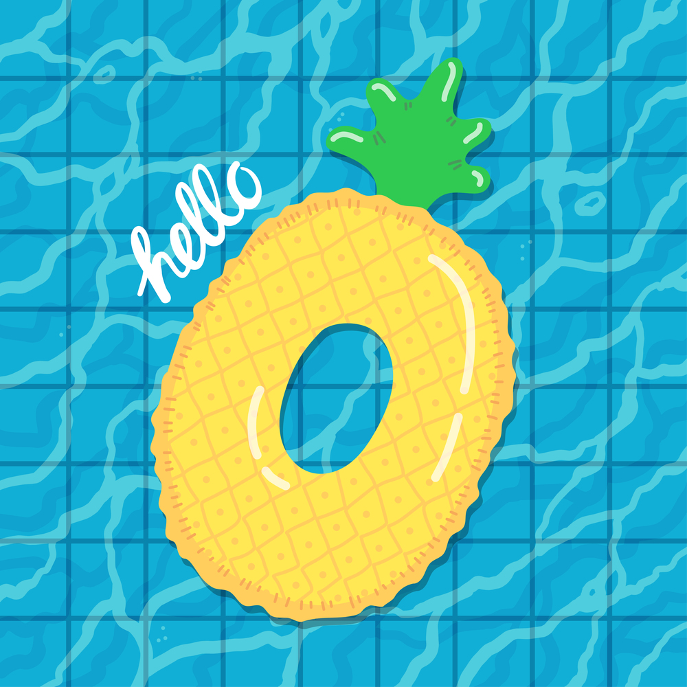 Hello summer banner vector illustration, rubber ring floating on water in swimming pool