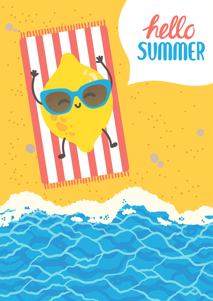 Hello summer colorful postcard with lemon, flat design vector illustration