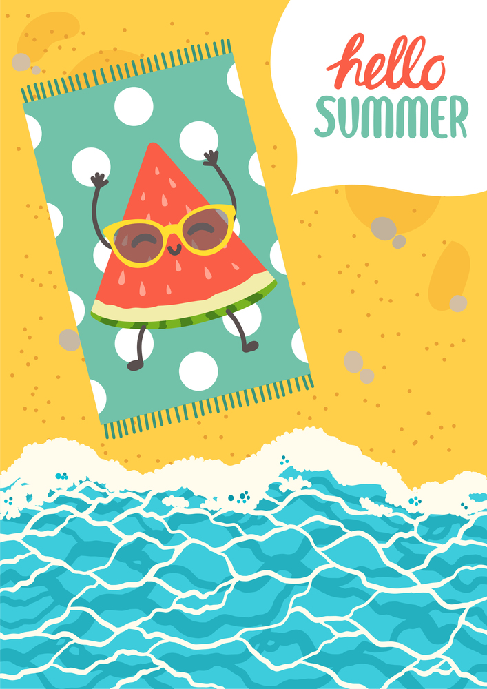 Hello summer colorful postcard, flat design vector illustration