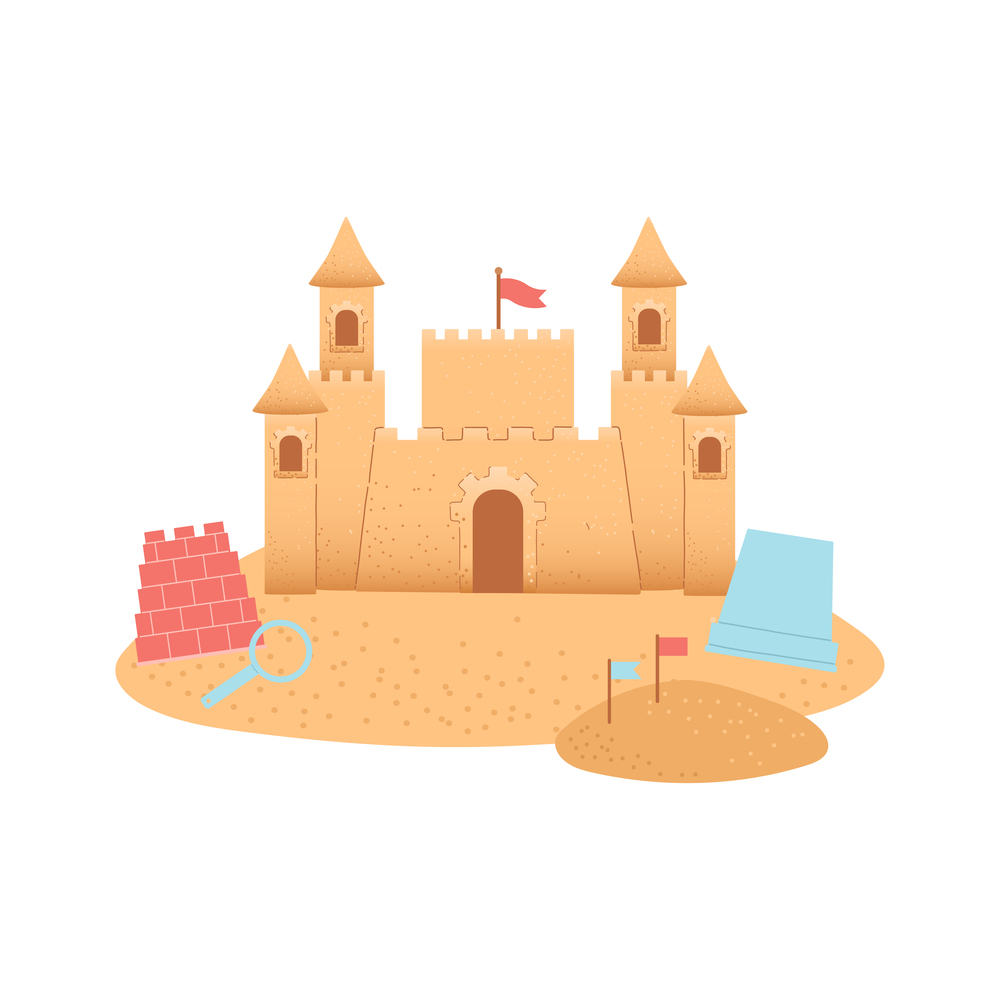 Hello summer set of elements  and sand castle on sand, vector illustration