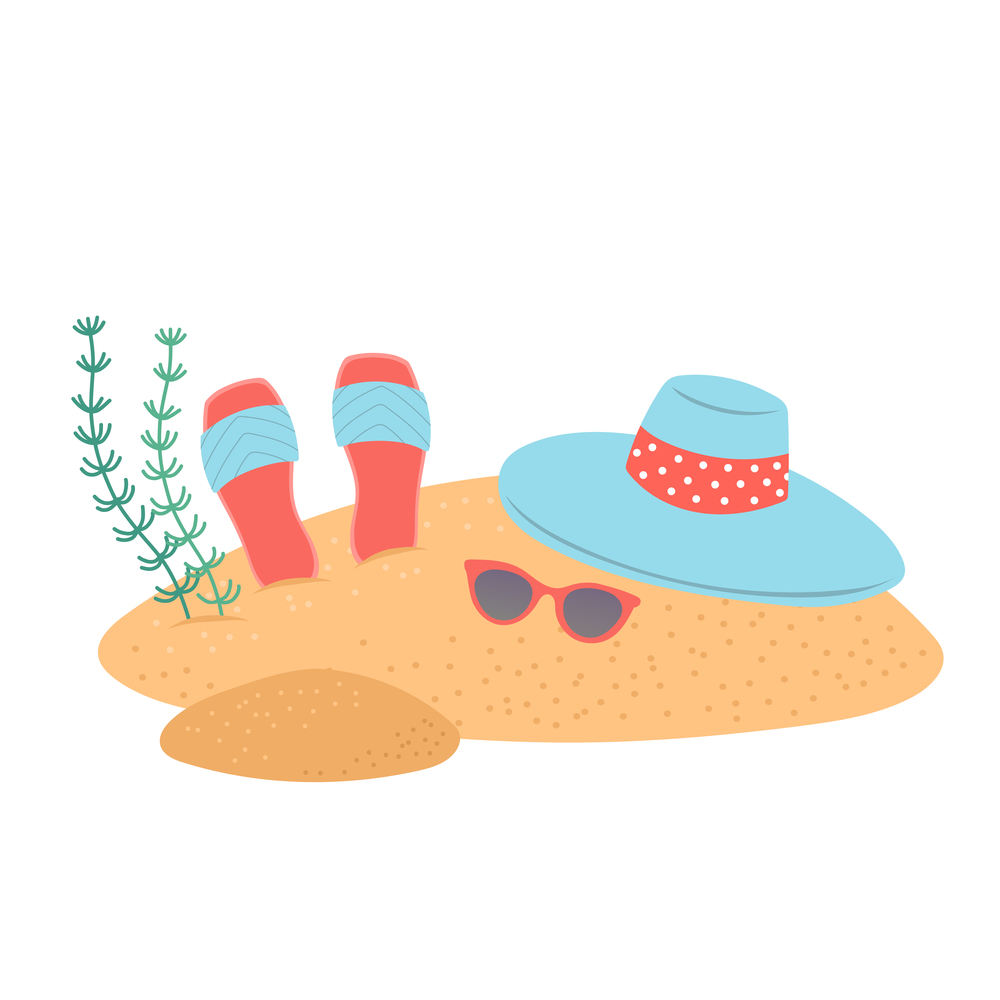 Hello summer set of elements on sand, vector illustration