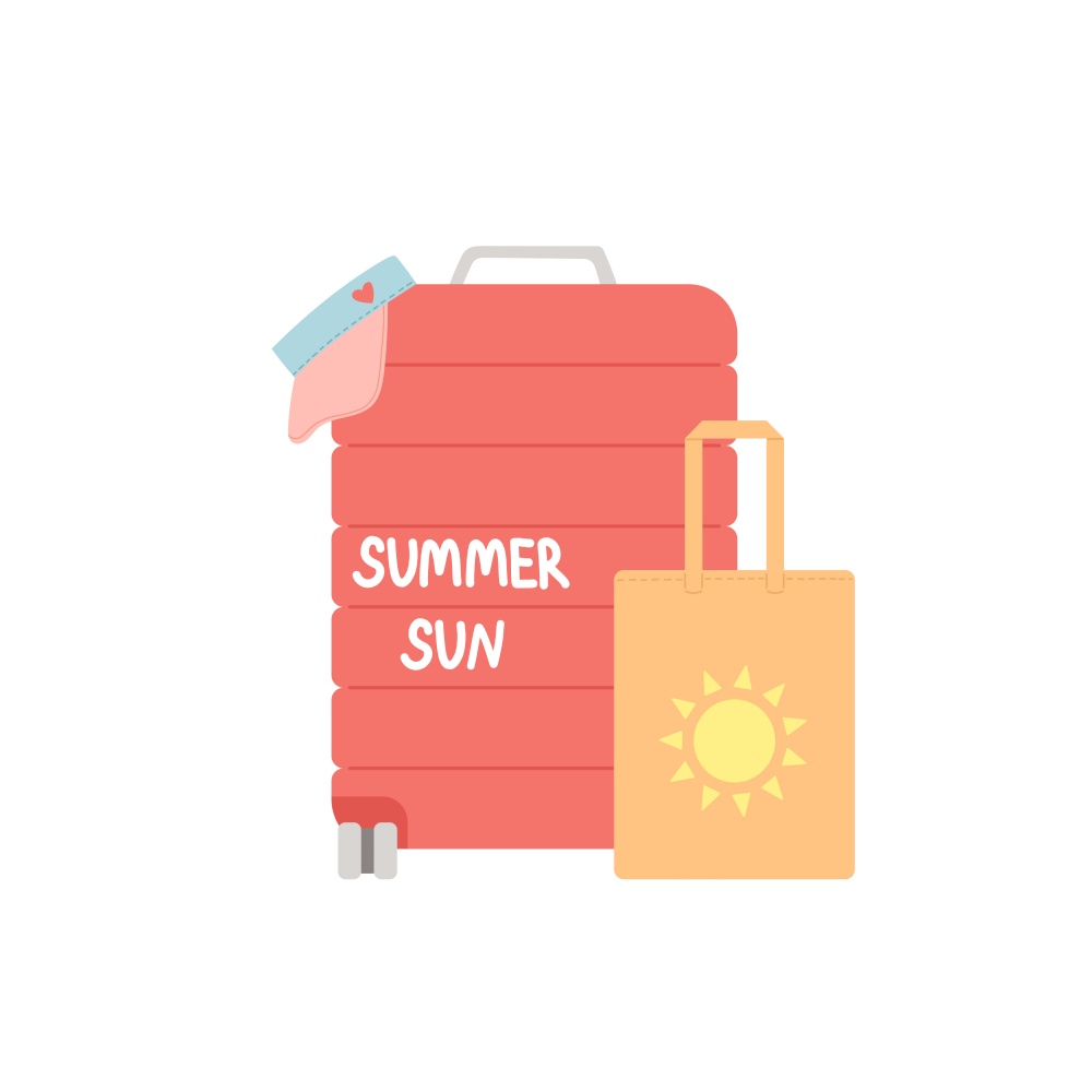 Hello summer baggage, travel elements, accessories, vector illustration