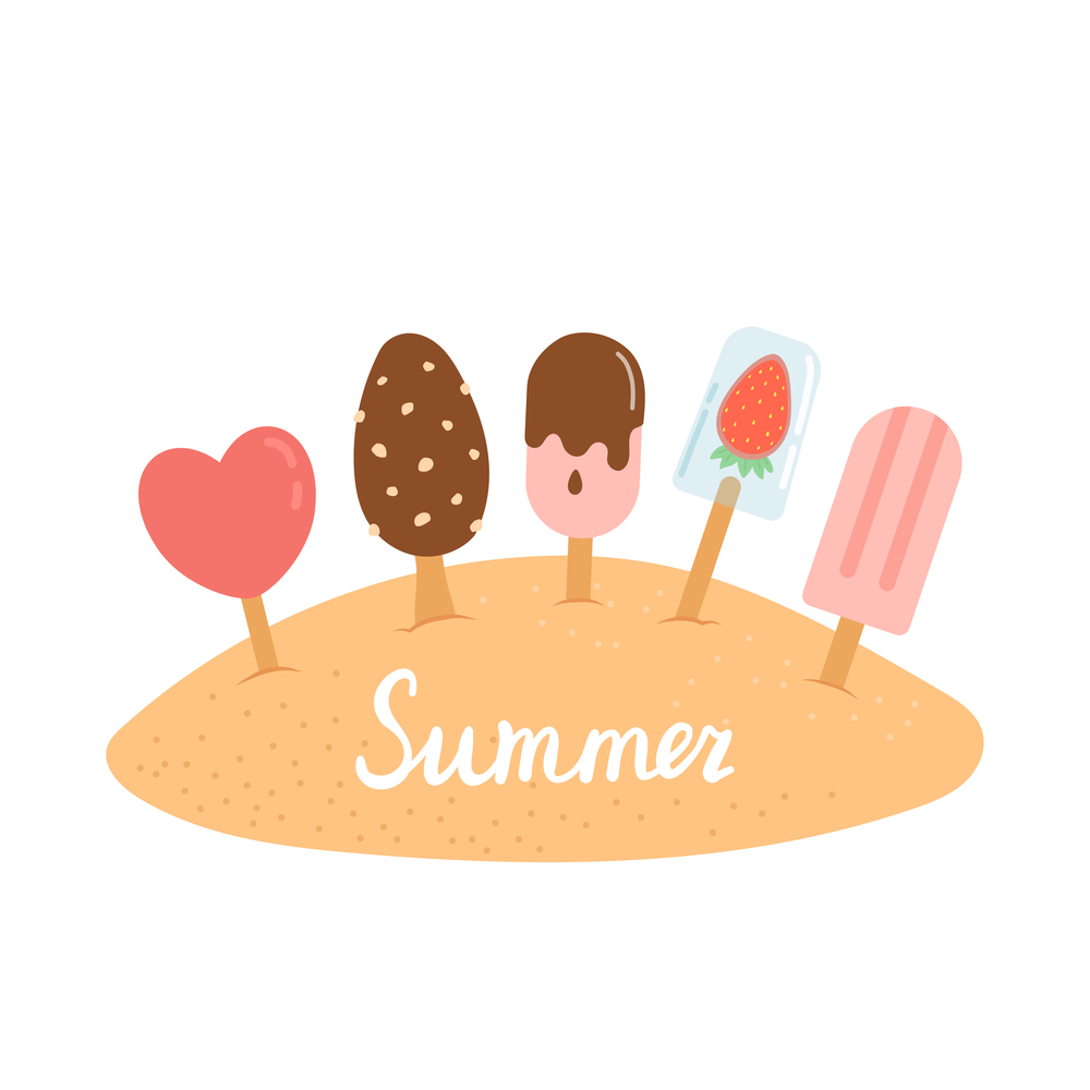 Hello summer set of ice creams on sand, vector illustration